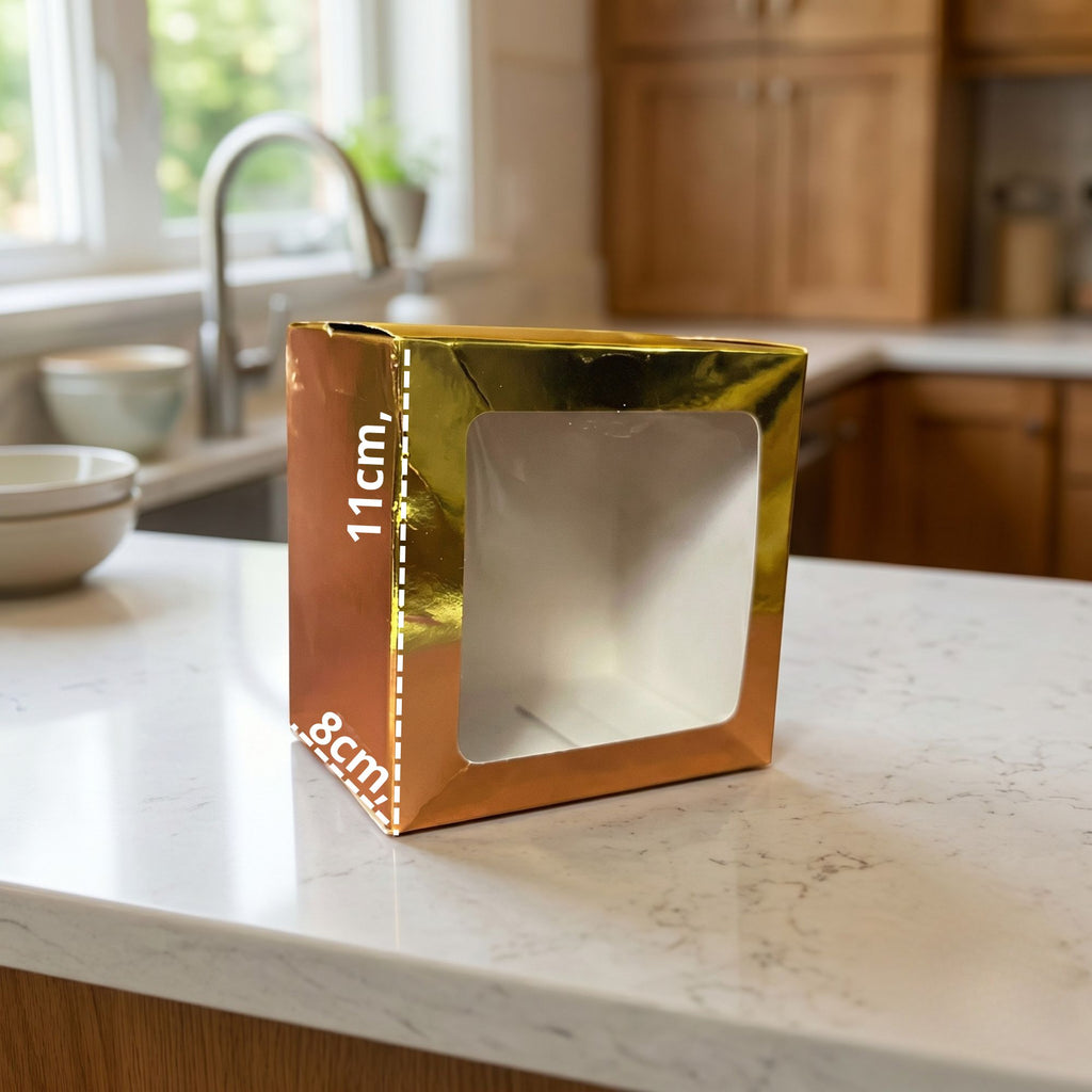Caja Dorada Con Ventana 11x11x8