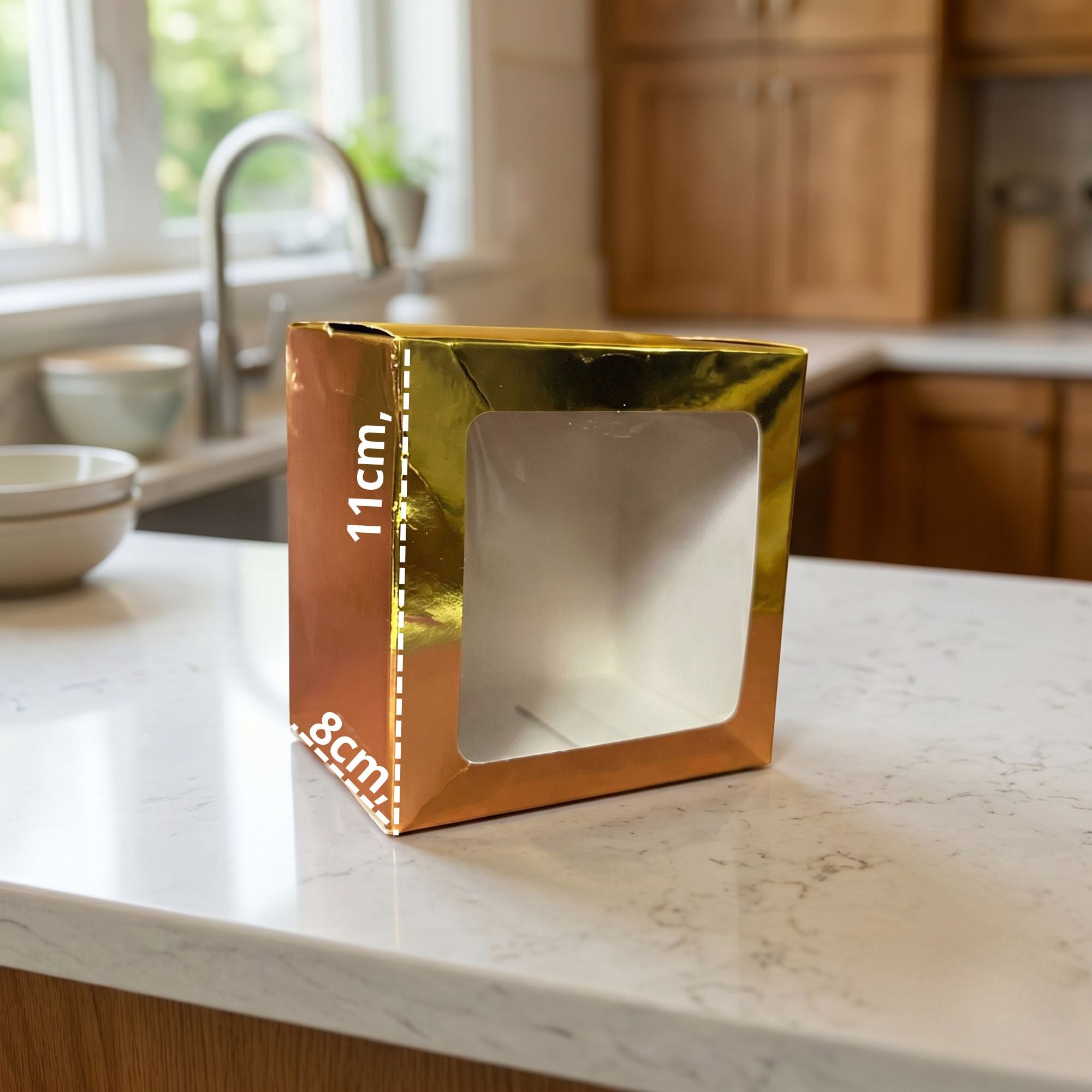 Caja Dorada Con Ventana 11x11x8