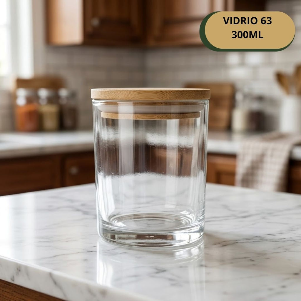 Botella Vidrio 63 Transparente 300ML Tapa Madera